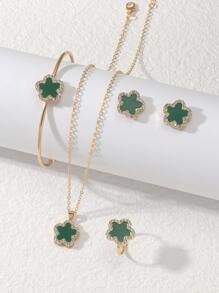 5pcs/set Women's Personalized Light Luxury & Gorgeous Style Jewelry Set With Flower Design, Inlaid With Rhinestone & Cubic Zirconia - Green - View 1