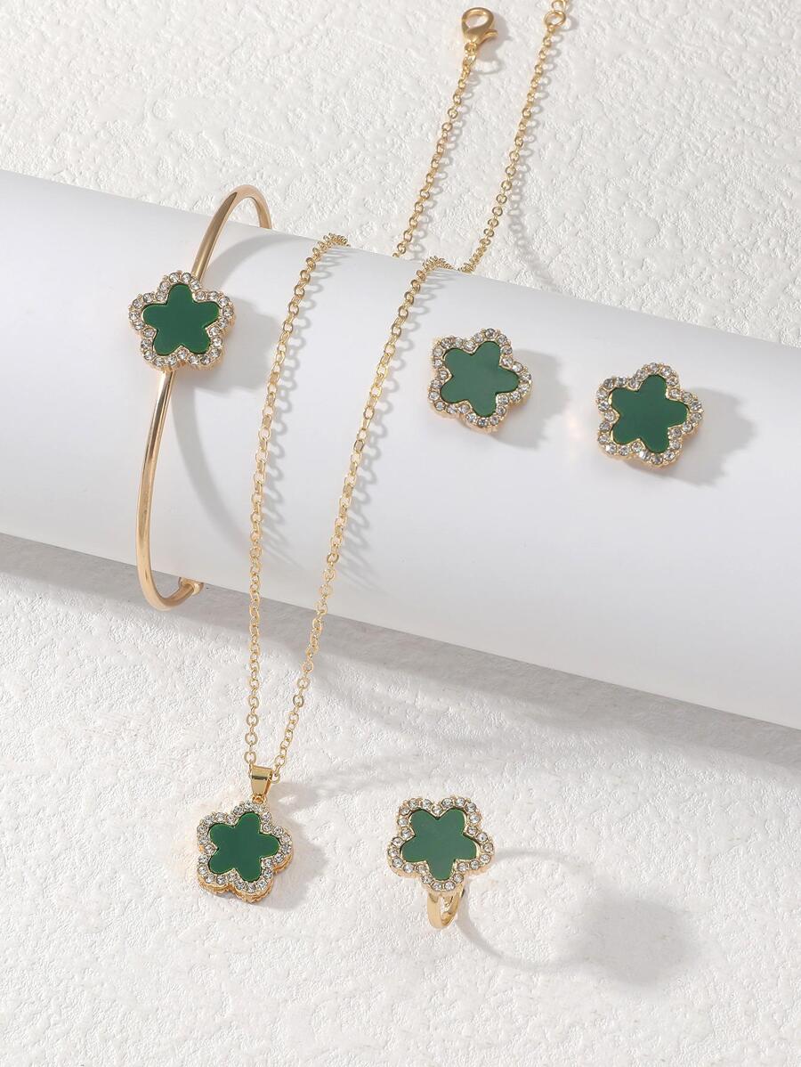 5pcs/set Women's Personalized Light Luxury & Gorgeous Style Jewelry Set With Flower Design, Inlaid With Rhinestone & Cubic Zirconia - Green - View 1