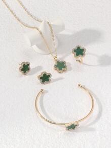 5pcs/set Women's Personalized Light Luxury & Gorgeous Style Jewelry Set With Flower Design, Inlaid With Rhinestone & Cubic Zirconia - Green - View 2