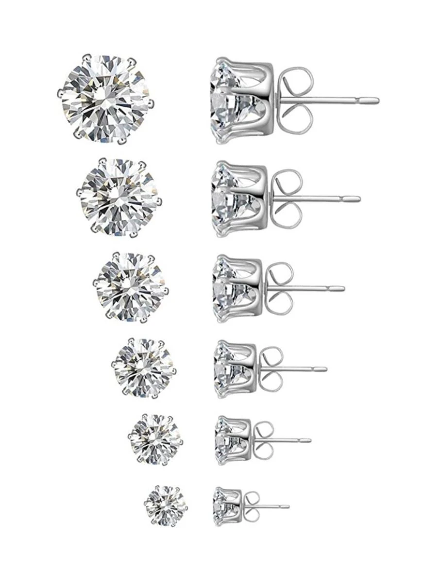 12入組6對透明方形方晶鋯石不銹鋼耳釘,中性3-8mm - 銀色 - 查看 1