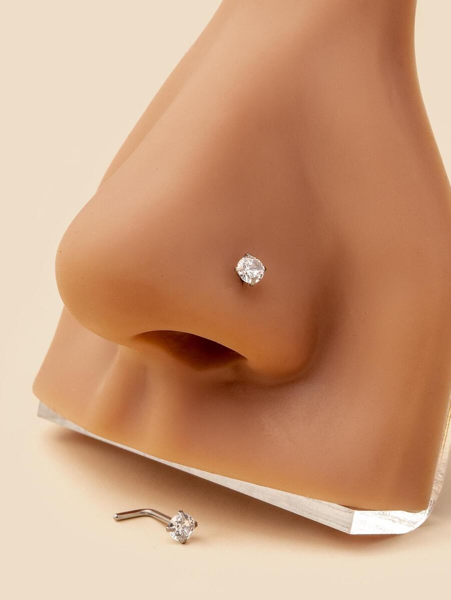 2pcs/1pc Minimalist Geometric Round Zirconia Stainless Steel Nose Ring Nose Stud Party Gift For Women, Please Note There Are Also Single - Silver - View 1