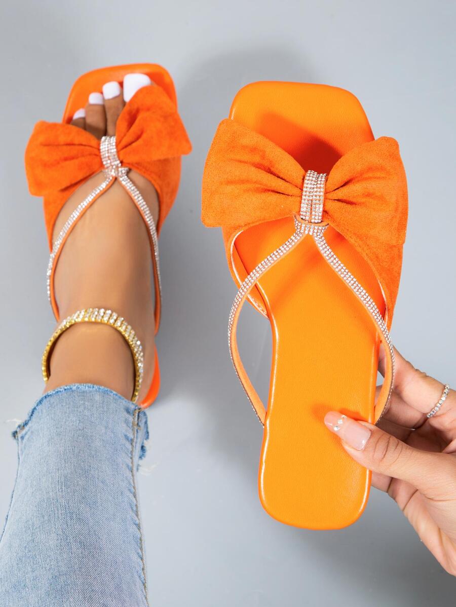 Glamorous Slide Sandals For Women, Rhinestone Decor Knot Detail Flat Sandals - Orange - View 1