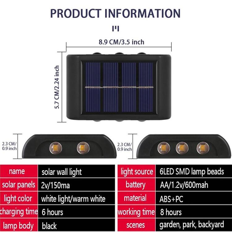 2 件装户外太阳能壁灯无需钻孔 LED 太阳能灯防水 IP65 上下发光适用于花园装饰 - 白色 - 查看 2