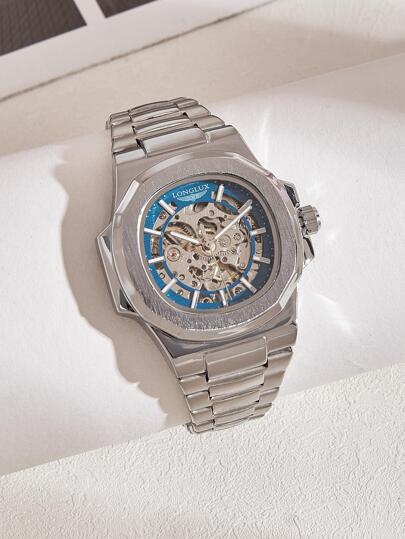 LONGLUX 1pc Men's Hollow Automatic Mechanical Watch, Stainless Steel Strap, Business Wrist Watch