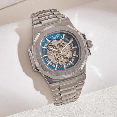 LONGLUX 1pc Men's Hollow Automatic Mechanical Watch, Stainless Steel Strap, Business Wrist Watch