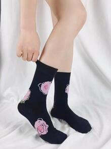 Calcetines de tripulación con estampado floral - Negro - Ver 3