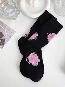 Calcetines de tripulación con estampado floral - Negro - Ver 2