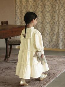 Đầm bé gái Thêu viền lá sen Viên lá sen Thắt nơ trước Hoa Dễ thương - Màu be - Xem 4