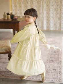 Đầm bé gái Thêu viền lá sen Viên lá sen Thắt nơ trước Hoa Dễ thương - Màu be - Xem 6