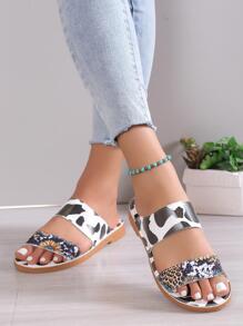 Women Sunflower & Leopard Pattern Slide Sandals, Fashionable Outdoor Flat Sandals