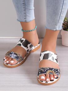 Women Sunflower & Leopard Pattern Slide Sandals, Fashionable Outdoor Flat Sandals