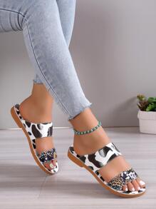 Women Sunflower & Leopard Pattern Slide Sandals, Fashionable Outdoor Flat Sandals