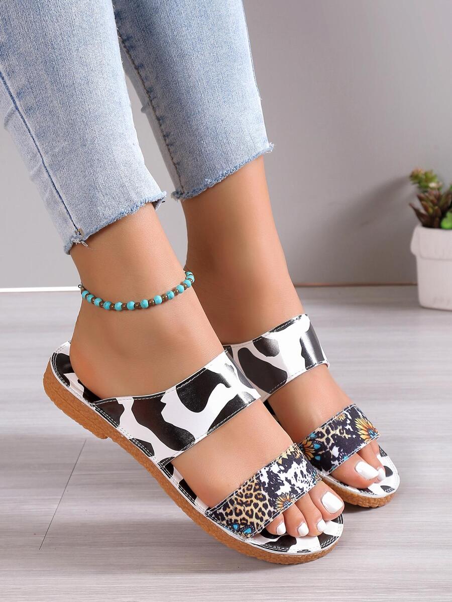 Women Sunflower & Leopard Pattern Slide Sandals, Fashionable Outdoor Flat Sandals