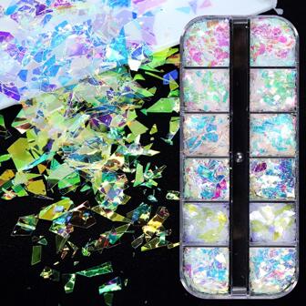 12 rutnät Ab-paljetter dekorationer Y2K-stil glänsande ultratunna Aurora asymmetriska flingor nageltillbehör för proffs tillbehör gör-det-själv nagelberlocker nagelstenar naglar