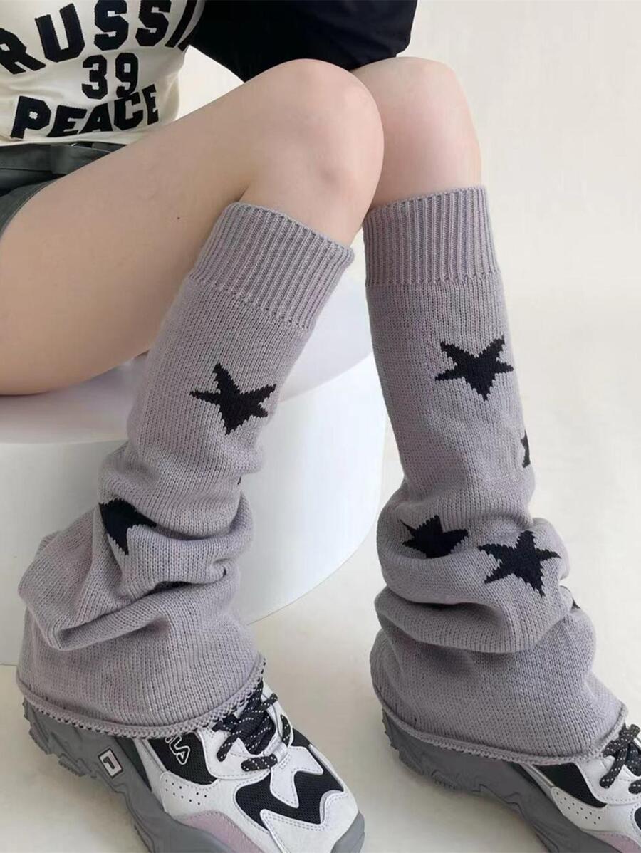 1對星星印花復古傘狀鬆動女性針織保暖腿套加厚濃烈香調兩面及膝腿套適用於女士們 - 彩色 - 查看 1