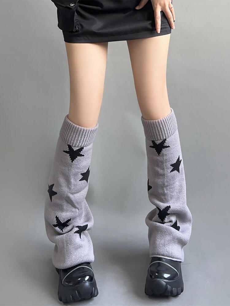 1對星星印花復古傘狀鬆動女性針織保暖腿套加厚濃烈香調兩面及膝腿套適用於女士們 - 彩色 - 查看 2