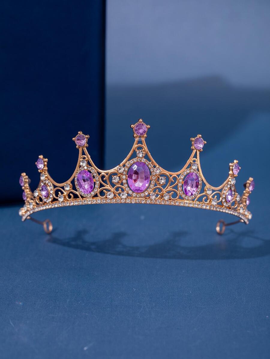 女士鑲鑽皇冠頭飾,女孩透明鑽石髮飾,新娘婚禮晚宴生日派對女王公主裝飾萬聖節角色扮演必備 - 紫色 - 查看 1