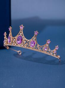 女士鑲鑽皇冠頭飾,女孩透明鑽石髮飾,新娘婚禮晚宴生日派對女王公主裝飾萬聖節角色扮演必備 - 紫色 - 查看 4