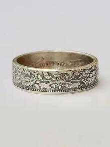1pc Vintage Ring With Snowflake & Franc Coin Pattern, Fashionable Design - Silver - View 1
