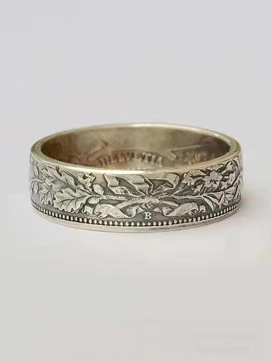 1pc Vintage Ring With Snowflake & Franc Coin Pattern, Fashionable Design - Silver - View 1