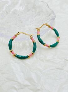 對不銹鋼彩色滴油琺瑯圈形耳環 - 墨綠色 - 查看 2