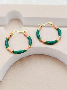 對不銹鋼彩色滴油琺瑯圈形耳環 - 墨綠色 - 查看 3