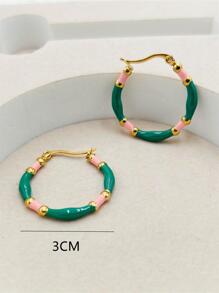 對不銹鋼彩色滴油琺瑯圈形耳環 - 墨綠色 - 查看 4