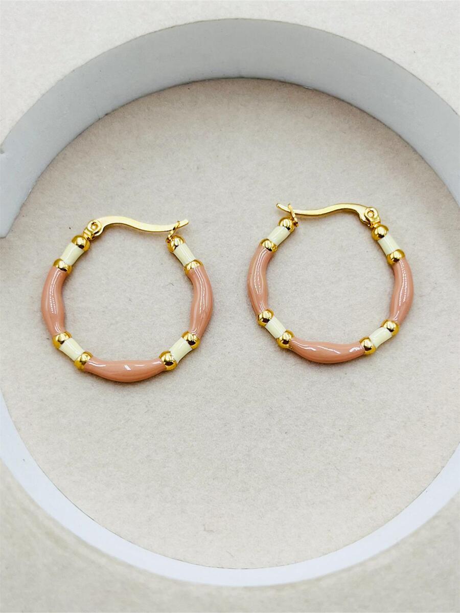1pair Stainless Steel Enamel Coated Hoop Earrings - Khaki - View 1