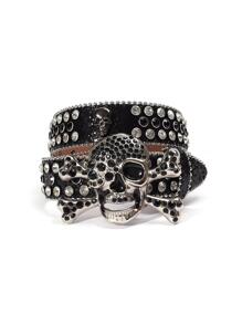 Men Rhinestone Skull Buckle Belt Street Halloween Skeleton - Black - View 12