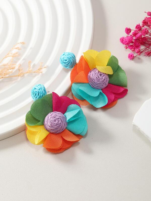 1pair Bohemian Style Vacation Blue Red Fabric Rainbow Colored Flower & Sea Grass Hand Woven Statement Earrings For Women