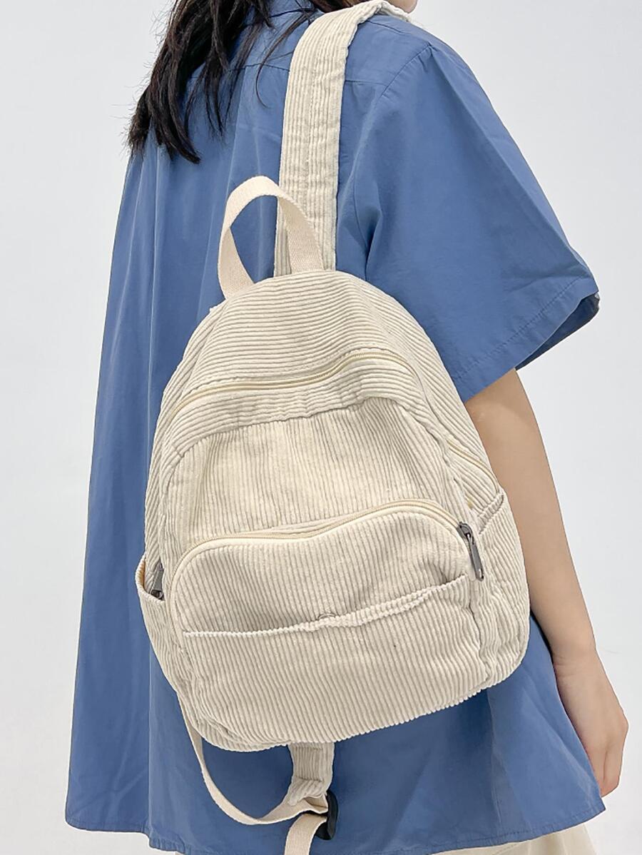 轻便、便携、休闲、时尚经典小号灯芯绒女式单肩背包，适合女孩、女士、大学生、新人及白领，适合秋冬必备，工作、办公室、通勤、秋冬、户外、学校用品、学校背包、书包、学校背包、返校背包、学校书包、大背包 - 米色 - 查看 1