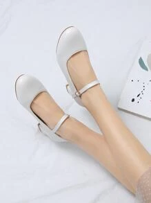 女性粗跟瑪麗珍淺口皮鞋,優雅白色高跟鞋 - 白色 - 查看 3