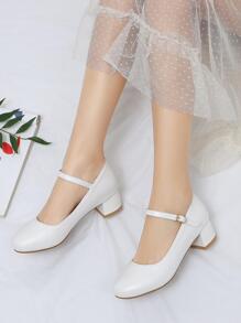 女性粗跟瑪麗珍淺口皮鞋,優雅白色高跟鞋 - 白色 - 查看 1