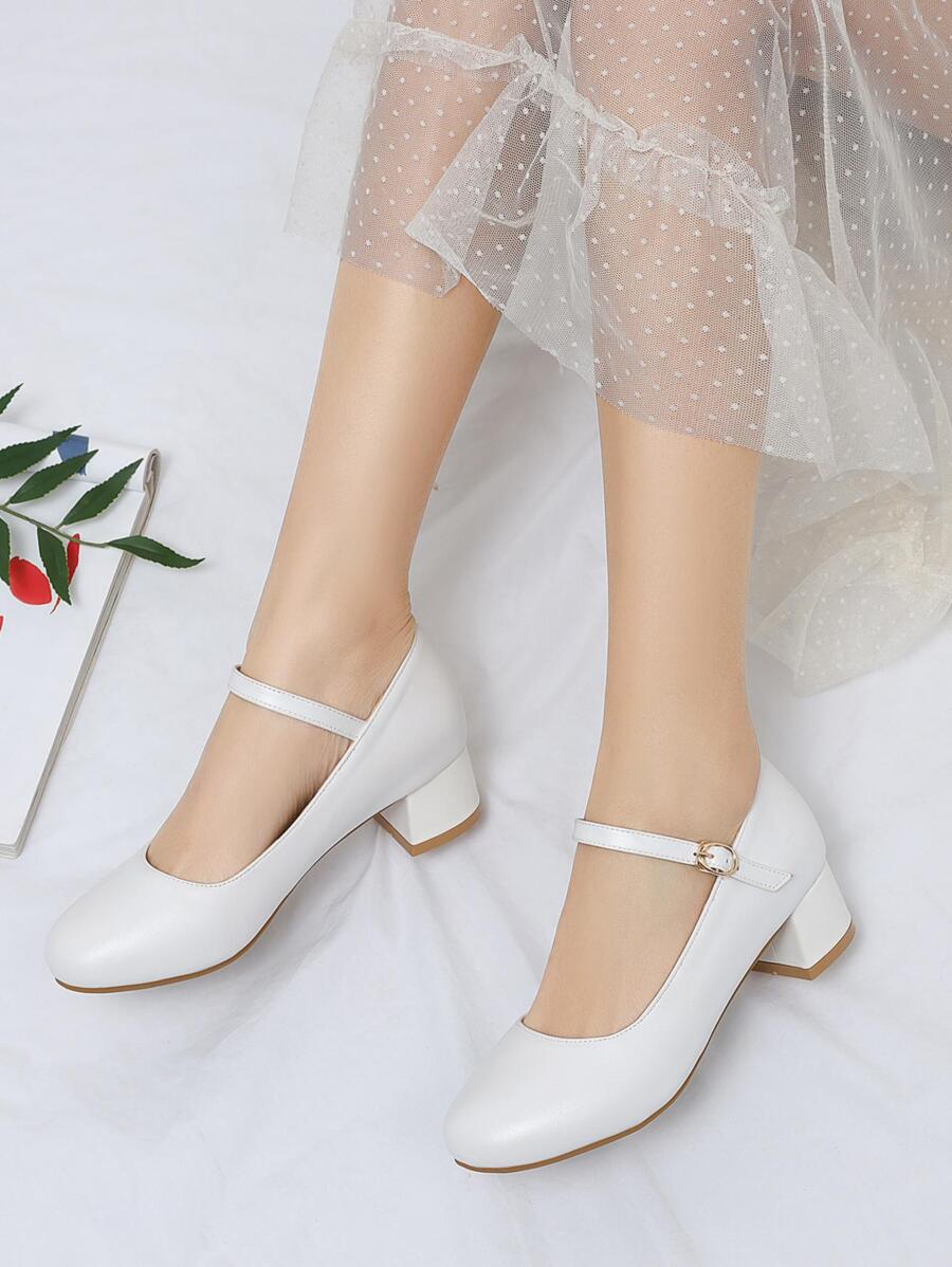 女性粗跟瑪麗珍淺口皮鞋,優雅白色高跟鞋 - 白色 - 查看 1