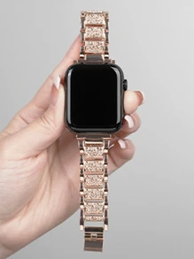 玫瑰金不锈钢镶钻表带，兼容苹果手表，尺寸包括 42mm、38mm、40mm、41mm、44mm、45mm、46mm 和 49mm，时尚智能手表替换表带，适用于 Ultra2、Ultra SE2、SE 11、10、9、8、7、6、5、4、3、2、1 等型号，是返校学生的理想礼物 - 玫瑰金 - 查看 6