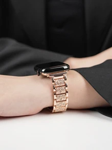 玫瑰金不锈钢镶钻表带，兼容苹果手表，尺寸包括 42mm、38mm、40mm、41mm、44mm、45mm、46mm 和 49mm，时尚智能手表替换表带，适用于 Ultra2、Ultra SE2、SE 11、10、9、8、7、6、5、4、3、2、1 等型号，是返校学生的理想礼物 - 玫瑰金 - 查看 3