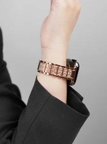 玫瑰金不锈钢镶钻表带，兼容苹果手表，尺寸包括 42mm、38mm、40mm、41mm、44mm、45mm、46mm 和 49mm，时尚智能手表替换表带，适用于 Ultra2、Ultra SE2、SE 11、10、9、8、7、6、5、4、3、2、1 等型号，是返校学生的理想礼物 - 玫瑰金 - 查看 4