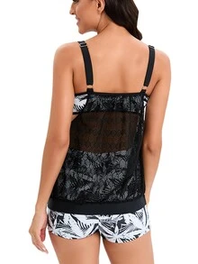 Tropical Print Contrast Mesh Tankini Swimwear - Black - View 2