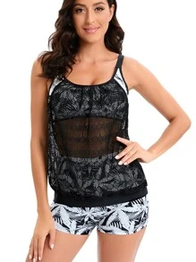 Tropical Print Contrast Mesh Tankini Swimwear - Black - View 1