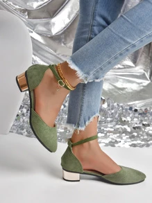 女式低胸、鏤空、一扣帶、尖頭、性感華麗高跟鞋細高跟，非常適合購物和參加晚會，厚跟鞋 - 軍綠色 - 查看 2