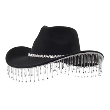 1 件裝水鑽和流蘇細節女式牛仔派對帽 - 黑色 - 查看 2
