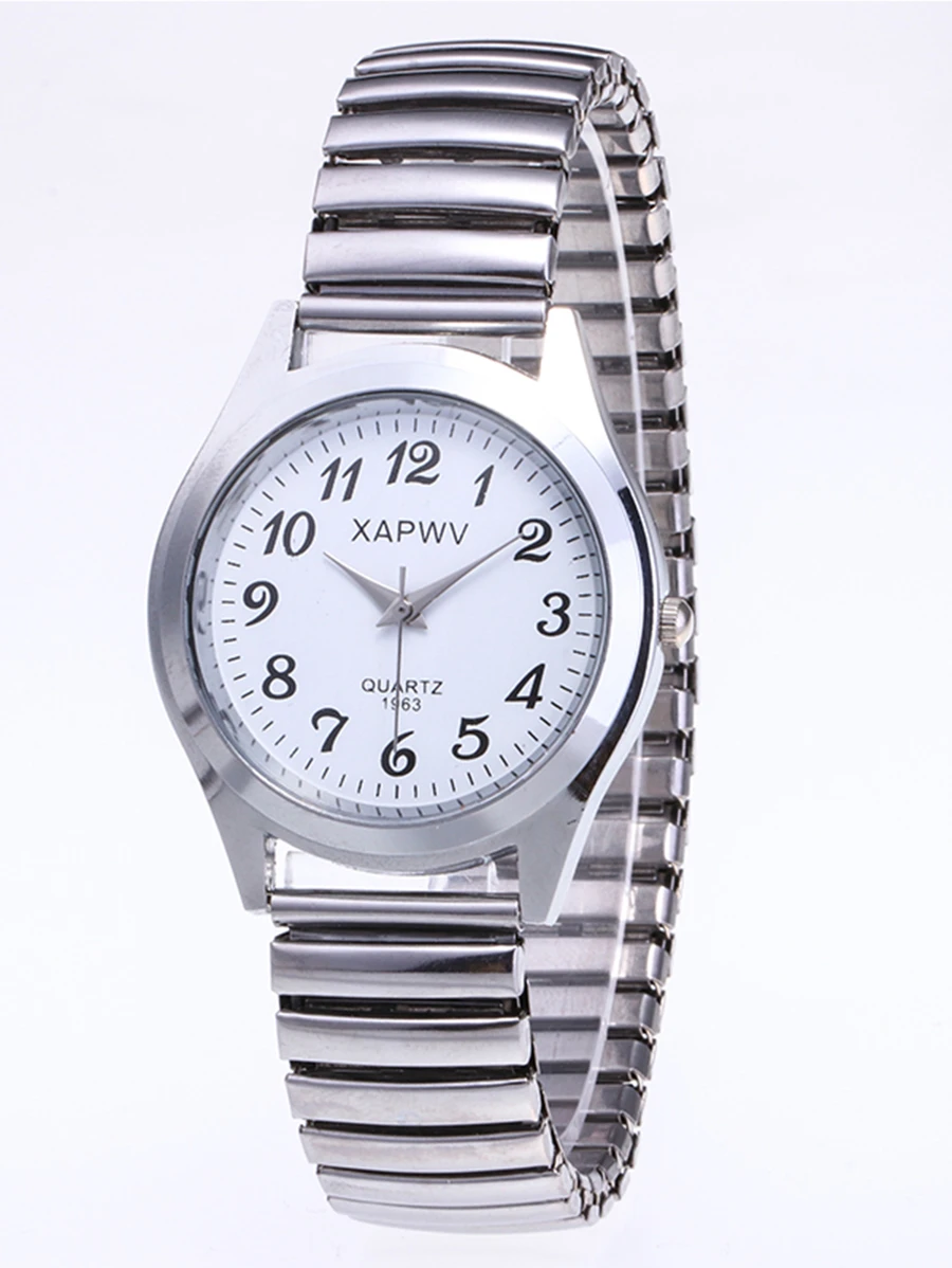XAPWV Fashionable Retro Quartz Watch With Elastic Band For Men & Women, Arabic Numeral Dial & Large Pointer Design - Silver - View 1