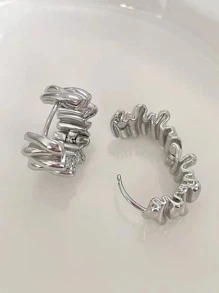 銀素色圓形設計百褶耳環適合女士,極簡和別緻獨特設計精細耳朵首飾類 - 銀色 - 查看 6