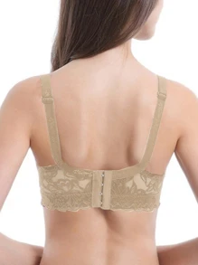 Sujetador de encaje floral con aros para mujer, sujetador de encaje floral, sexy, sin esponja, Las tallas son pequeñas. - Beis - Ver 6