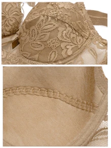 Sujetador de encaje floral con aros para mujer, sujetador de encaje floral, sexy, sin esponja, Las tallas son pequeñas. - Beis - Ver 9