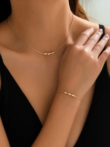 2入組/套簡約風和多用途蛇骨鏈條橢圓形串珠項鏈和手環 - 金黃色 - 查看 5