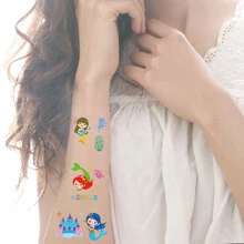 10張美人魚暫時性紋身貼紙,可愛卡通美人魚圖案假紋身貼紙,防水且可持續2-5天 - 藍色 - 查看 3