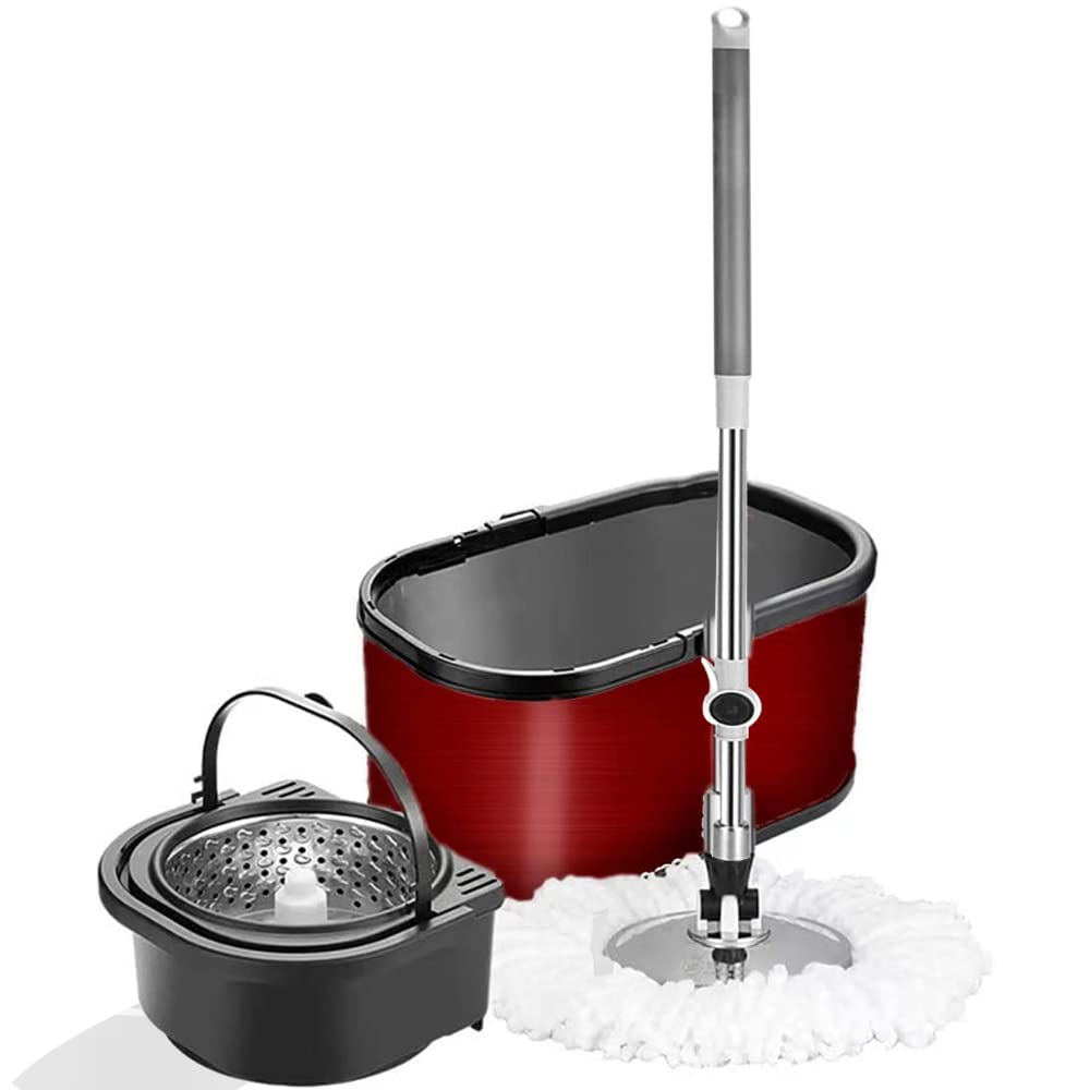 Cubeta para trapear de Acero con exprimidor, atrapa Polvo, Pelusa y Suciedad, Incluye 2 repuestos Intercambiables de Microfibra, Extensible Giratorio 360° y cubeta - Rojo - Ver 1