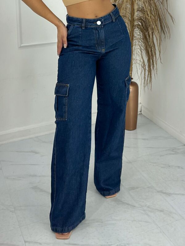 Calça Jeans Feminina Wide Leg Cargo Lisa Escura Modelo 23