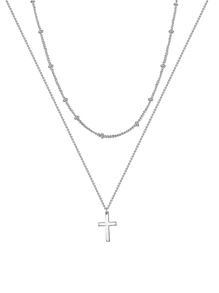 Stainless Steel Bead Chain Women's Delicate & Minimalist Double Layered Cross Pendant Necklace - Silver - View 6